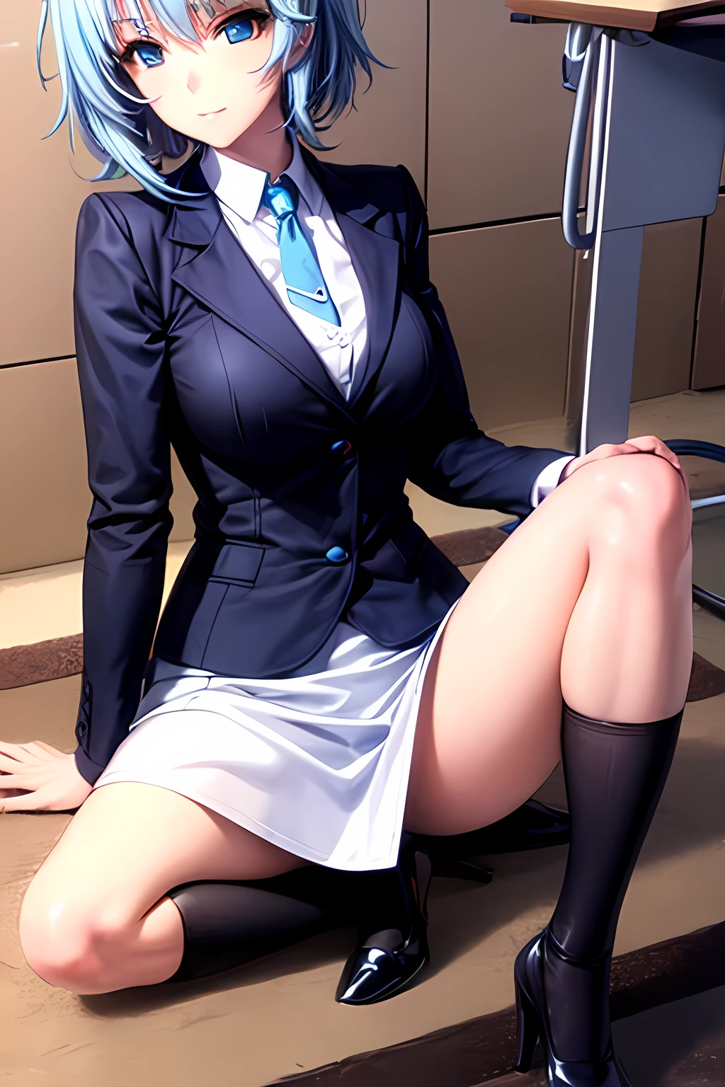 masterpiece,Office,Blue Hair、,Black jacket,White shirt,The chest is exposed,Spread your legs,M-foot:1.7,Job hunting suit:1.5,Ahega,Sexual climax:1.5, Pencil Skirt,High heels