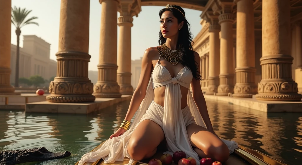 a royal palace interior scene with a steaming pool, sexy young queen pooja bhatt bathing in the pool naked exposing her large hanging breasts and nipples, cinematic soft focus, perfect composition.