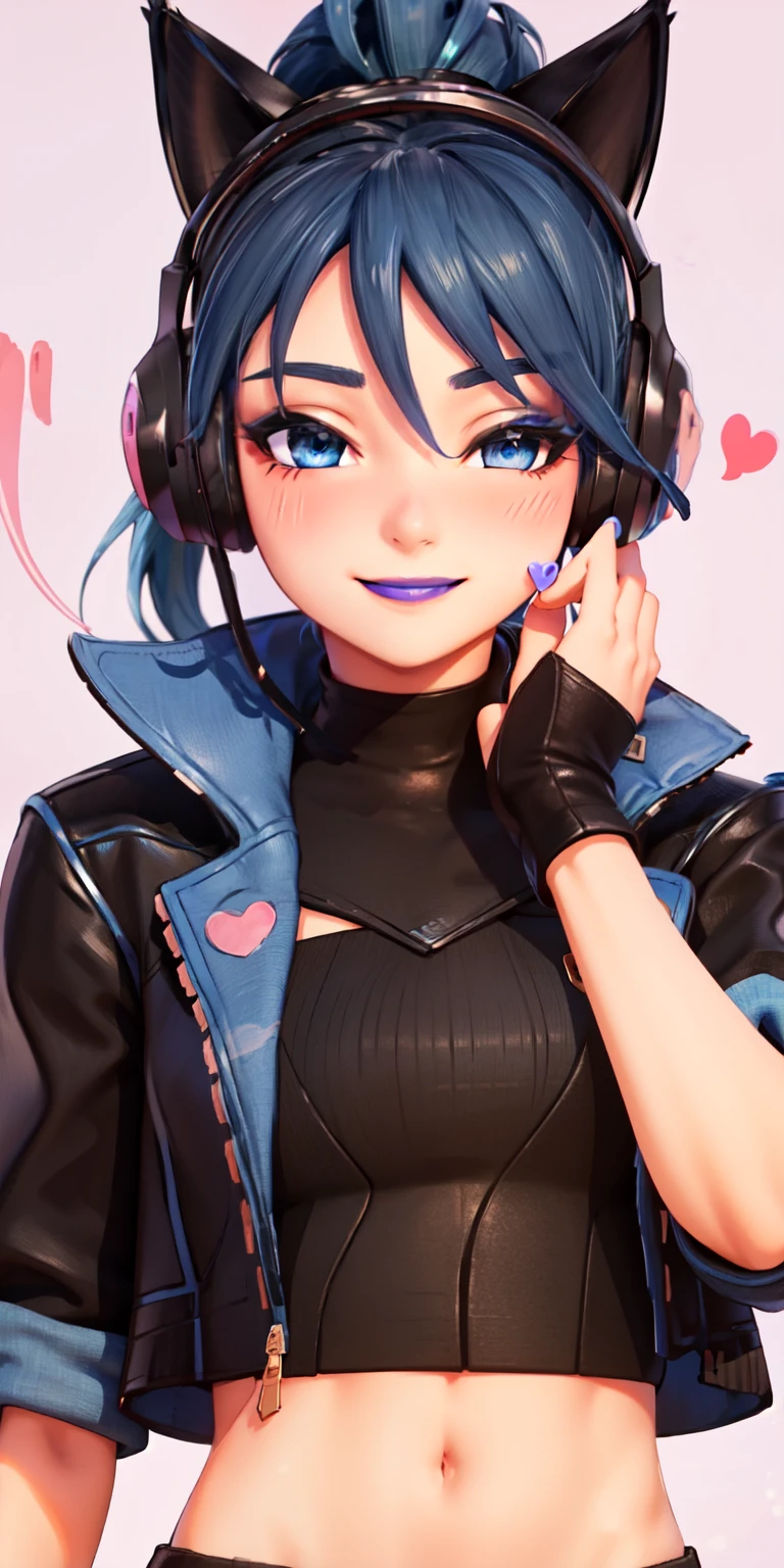 1girl,blue hair, ponytail, blue eyes, (eyeshadow1:1), (blush:1.1),upper body, heart,(speed lines:1.1), heart, black jacket, jacket crop top, navel cat ears headphones, black crop top, purple lips, smile, looking at viewer, facing viewer, wink, hands on cheeks, pov