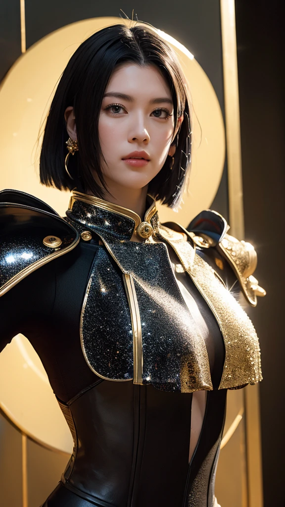 High resolution, 超High resolution, high quality, masterpiece, woman、soldier、Short center-parted bangs、Muscular body、Large Breasts,Anatomically correct, ((((blackと赤のマント))、(black)Armor with gold attachments))、(In the background, he is standing coolly in a glittering palace, gazing at us.)、Female Warrior、Background blur, far and near method, 