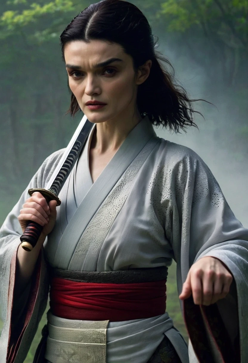 The enigmatic samurai woman (Rachel Weisz) wielding a long Japanese sword, Splitting with every powerful blow、Shrouded in mist that obscures vision, Revealing a vivid and supernatural scene, The clarity of the sword&#39;s cut against the hazy background, mysterious background, The white fox&#39;s piercing gaze met that of the observer., A layer of ethereal mist enveloping the foreground, perforated, light eyes, An exquisite and detailed kimono, dramatic lighting and colors