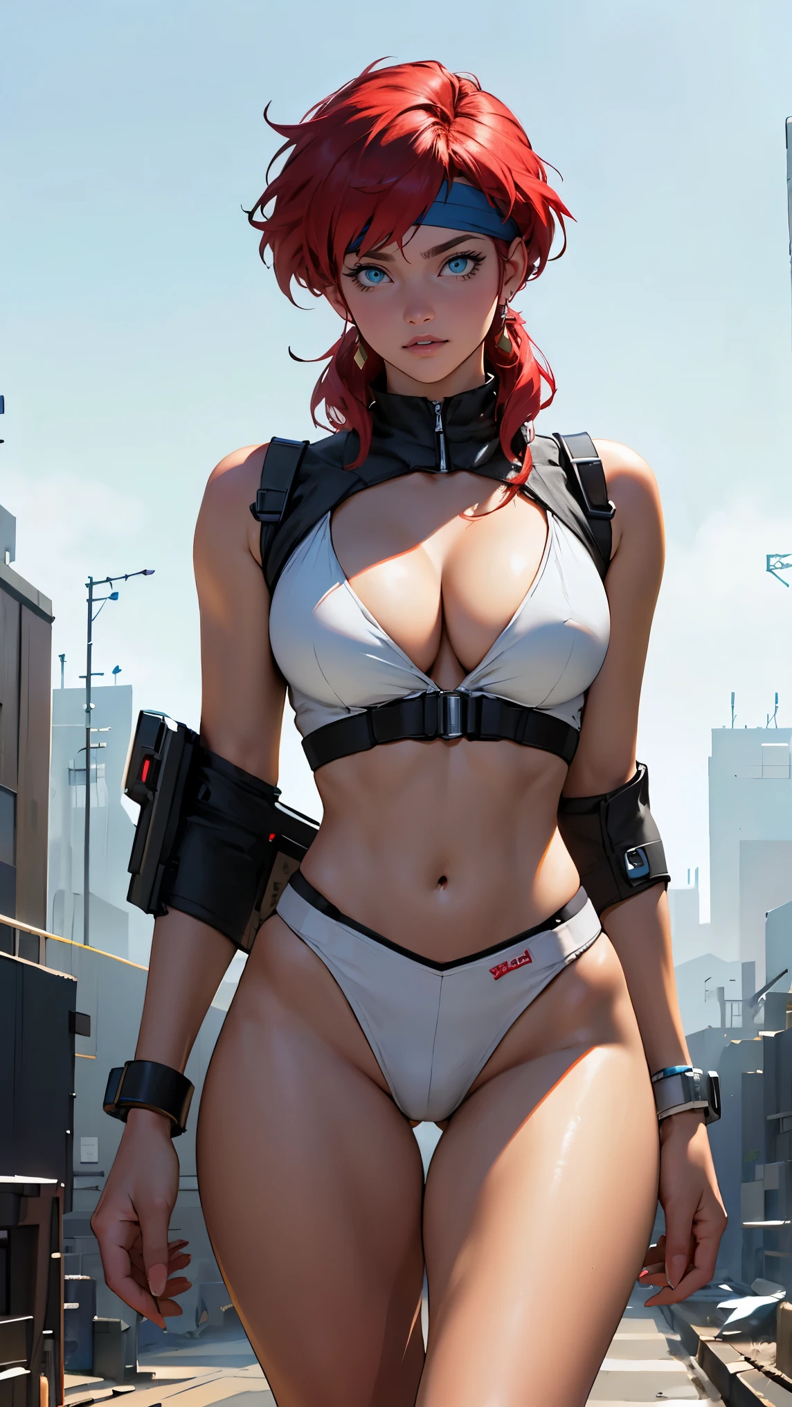 ((Masterpiece, highest quality; 1.3)), super quality, beautiful detail, super detailed, extra fine, 16K, exquisite, absurd, high resolution, beautiful background, detailed background, beautiful eyes, beautiful skin, anime style, Kay from Dirty Pair in a white outfit, tight outfit, cleavage, bushy redhead beauty, very light blue uniform, wearing tight clothes, skimpy, (mid chest: 1.2), cleavage, cleavage, slim waist , thin waist, slim thighs, thin legs, slim legs. thigh gap, showing stomach, skinny, thin hips, cyberpunk city background, holding retro space gun , headband,