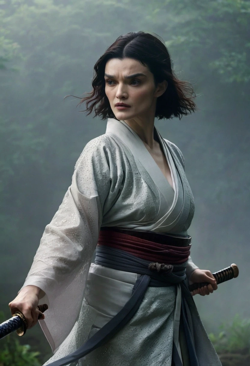 The enigmatic samurai woman (Rachel Weisz) wielding a long Japanese sword, Splitting with every powerful blow、Shrouded in mist that obscures vision, Revealing a vivid and supernatural scene, The clarity of the sword&#39;s cut against the hazy background, mysterious background, The white fox&#39;s piercing gaze met that of the observer., A layer of ethereal mist enveloping the foreground, perforated, light eyes, An exquisite and detailed kimono, dramatic lighting and colors