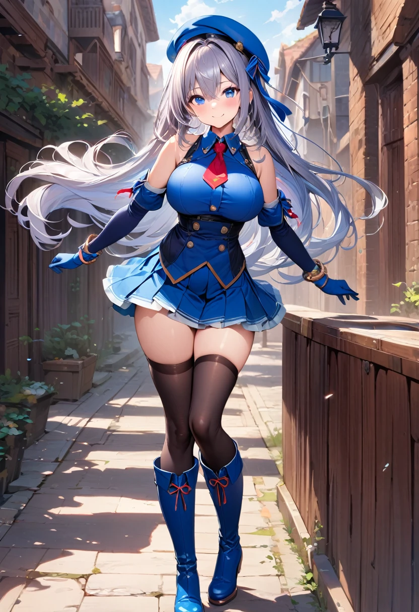 ((Biologically correct limb count)),(( From head to toe,Full-body photo including face)),4K,((Standing position)),masterpiece,((Focus on the face)),((Symmetrical facial features)),Eyes with detailed description,Beautiful woman,Great style,Beautiful arms,Beautiful legs,Beautiful Hands,(Small Ass,Thin thighs),Facial detailing,Small earrings,necklace,(Rubber Sailor Suit,mini skirt((High heels,Patterned stockings))),((Meeting at the school gate)),Silk gloves,(((blue blonde))),Realistic photo