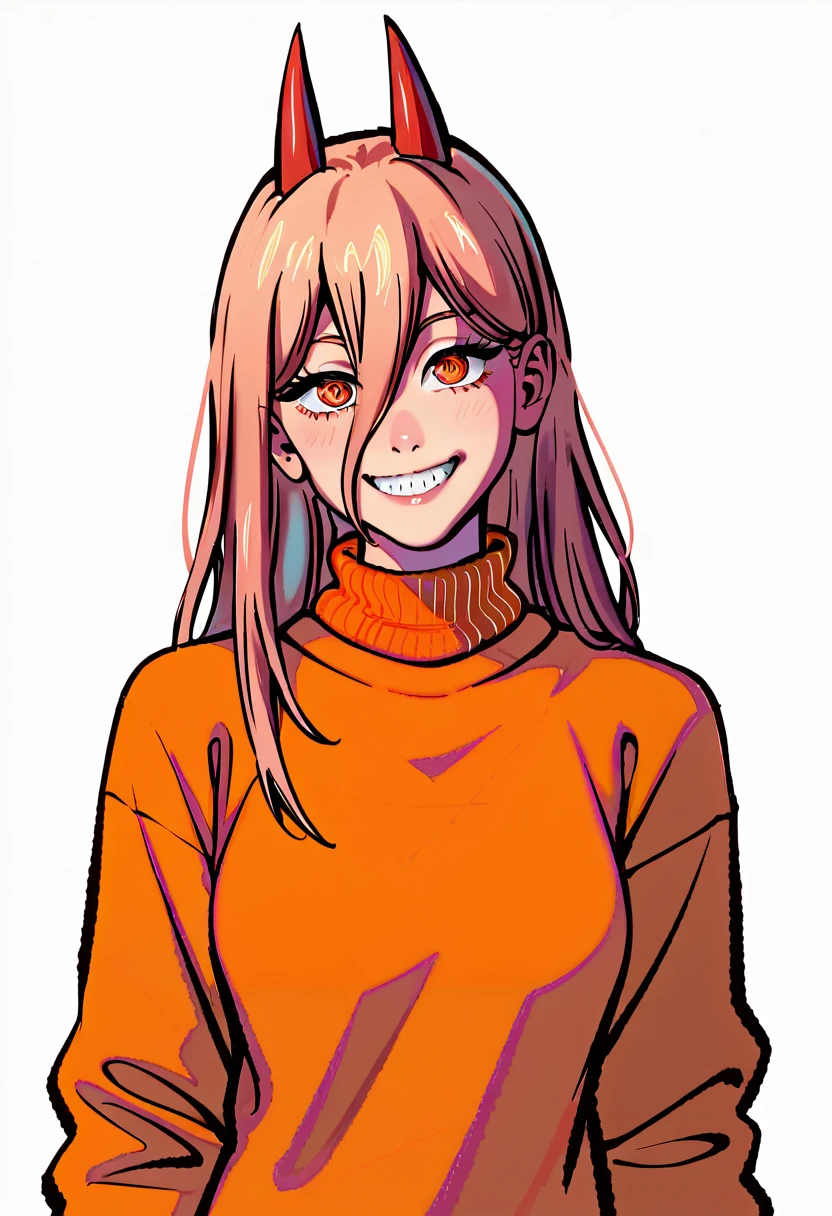 score_9, score_7_up, sweater, power \(chainsaw man\), orange sweater, looking at viewer, head tilt, smile