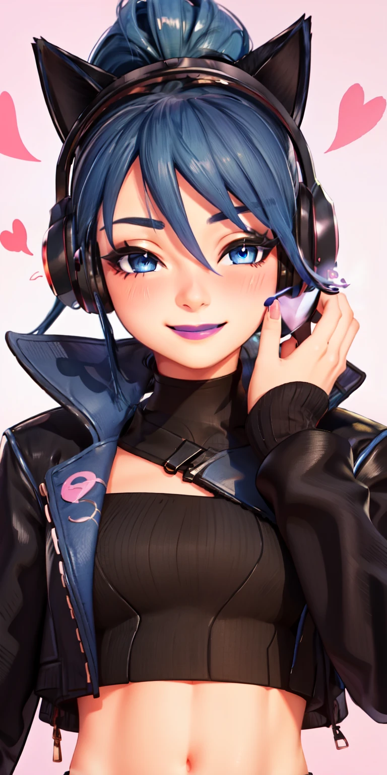 1girl,blue hair, ponytail, blue eyes, (eyeshadow1:1), (blush:1.1),upper body, heart,(speed lines:1.1), heart, black jacket, jacket crop top, navel cat ears headphones, black crop top, purple lips, smile, looking at viewer, facing viewer, wink, hands on cheeks, pov pov grabs girl cheeks