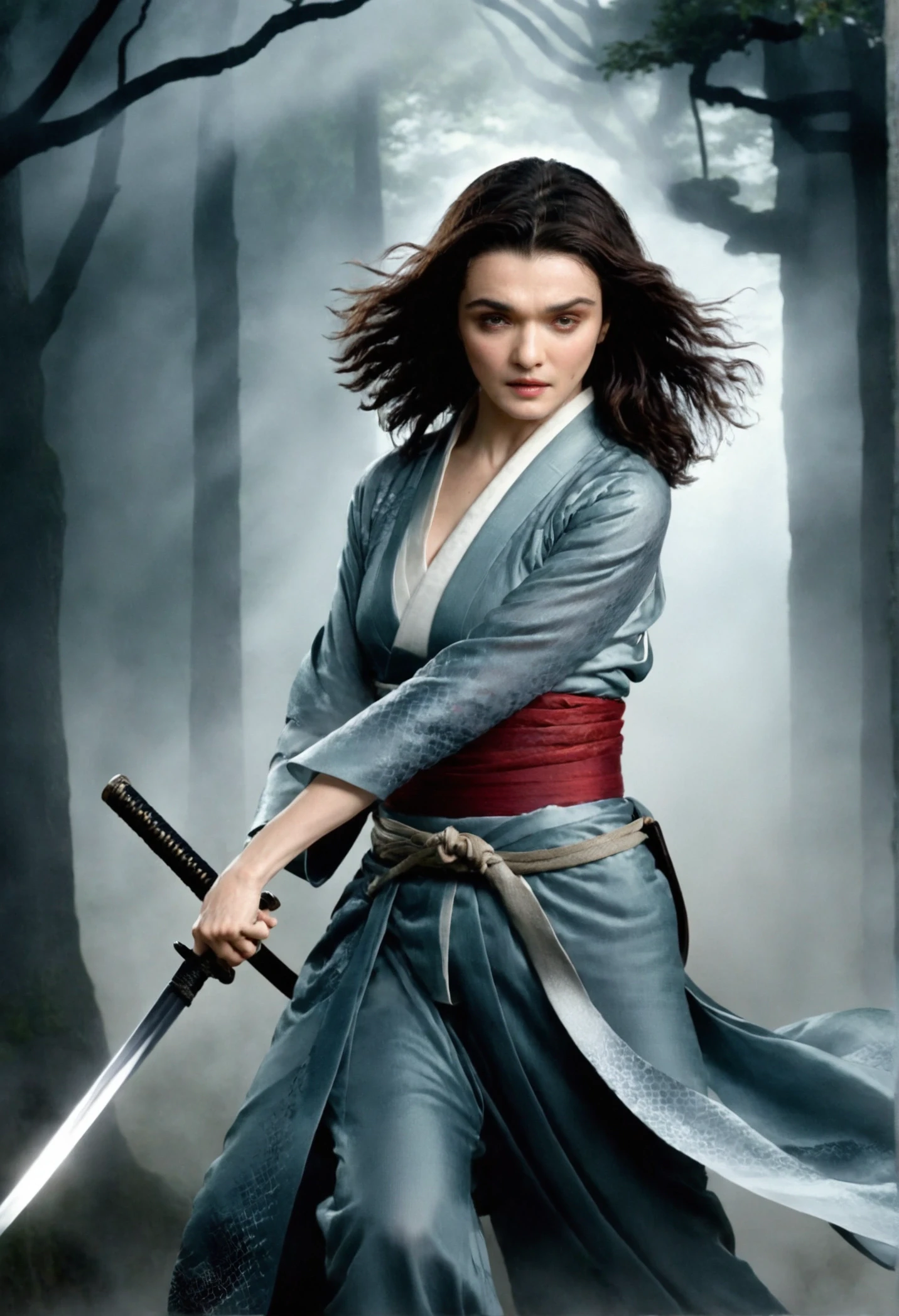 The enigmatic samurai woman (Rachel Weisz) wielding a long Japanese sword, Splitting with every powerful blow、Shrouded in mist that obscures vision, Revealing a vivid and supernatural scene, The clarity of the sword&#39;s cut against the hazy background, mysterious background, The white fox&#39;s piercing gaze met that of the observer., A layer of ethereal mist enveloping the foreground, perforated, light eyes, An exquisite and detailed kimono, dramatic lighting and colors