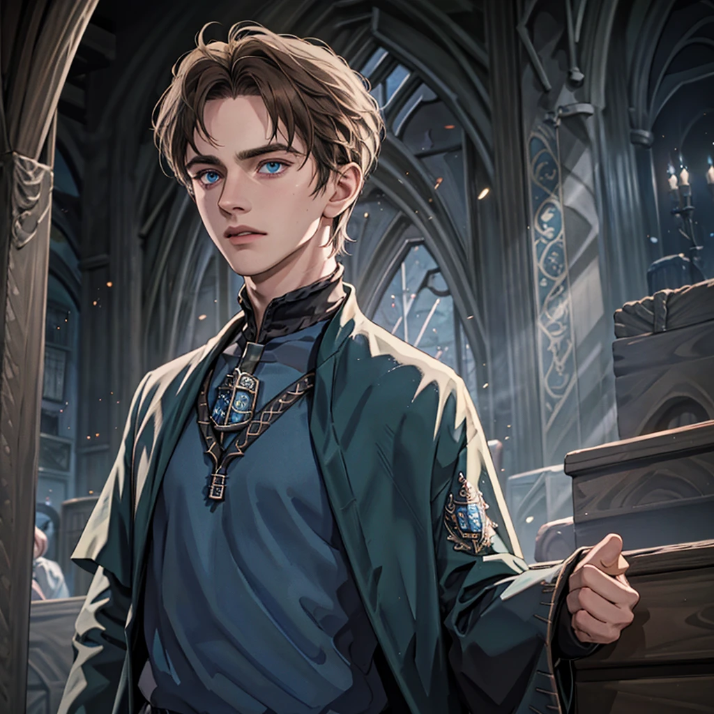 1boy, solo, detailed brown hair, cinematic lighting, high-resolution, lean build, detailed blue beautiful eyes, Ravenclaw uniform, Hogwarts, stern expression, high resolution