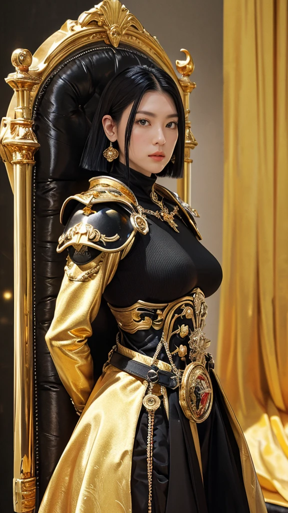 High resolution, 超High resolution, high quality, masterpiece, woman、Warrior Chief、Short center-parted bangs、Muscular body、Large Breasts,Anatomically correct, ((blackと赤のマント))、((((black))D-based armor with gold attachments))、(In the background, he is standing beside the throne.)、Background blur, far and near method, 