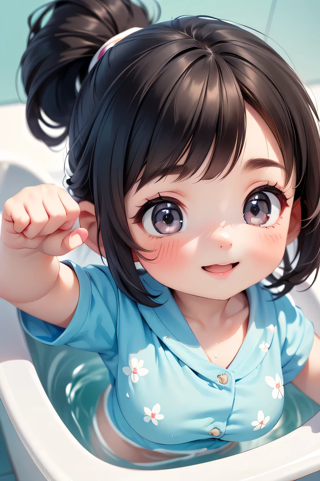 (6-year-old black-haired beautiful girl)Great fun,Body Wash,Hair washing,Facial cleansing,Uplifting face'Eyes wearing silver-white mirrored lens sunglasses、I looked at the world reflected in the lenses of my sunglasses..(Side Pony,Colorful Hair),