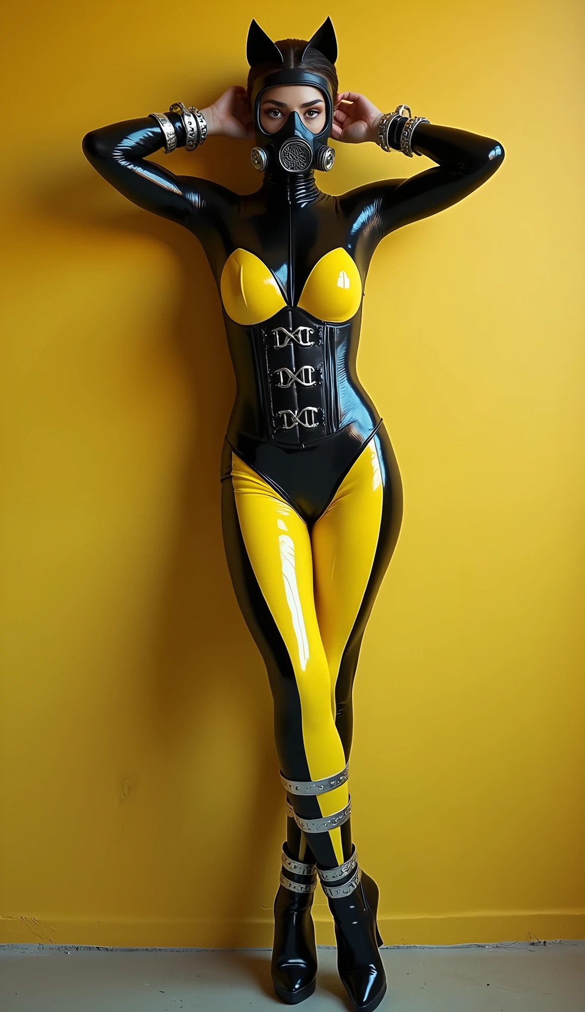 masterpiece, photo of a sexy girl in a latex bodysuit, solo, black hair, (huge boobs), light_smile, (armpit, armpits), ((camel toe, cameltoe)), ((kneeling to spread legs)), ((pubic hair)),