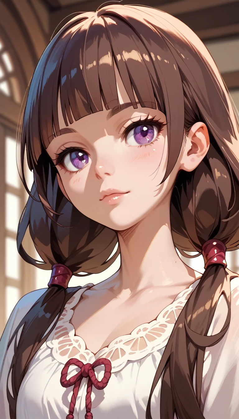 Girl with Brown hair, blunt bangs, long hair, low twintails, purple eyes