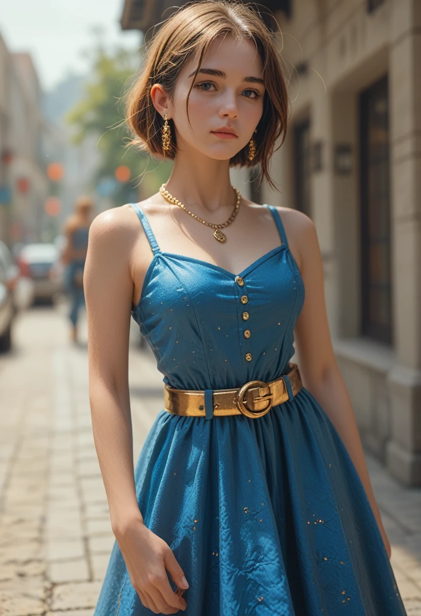 Alafecan in a blue dress with a gold belt and necklace, Character 3D rendering 8k, Trending on cgstation, Art Station&#39;s Cheng Wei Pun, Inspired by Run In, 8k art germany bokeh, High quality and detailed 8K graphics, deviantart artstation cgscosiety, cgsociety 8k, cgsociety 8k