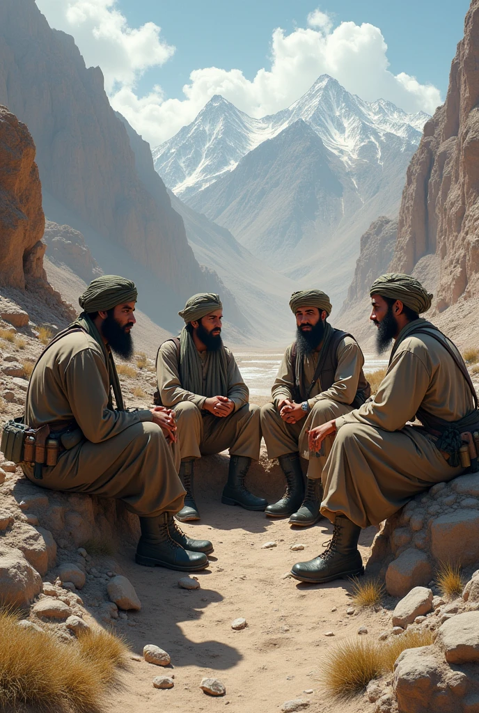 A multipe tribal Pashtun warriors , swords and sheilds on ground , grey lungee turbans , white shalwar kameez, sitting on persian carpet , talking , in mountain , renaissance painting