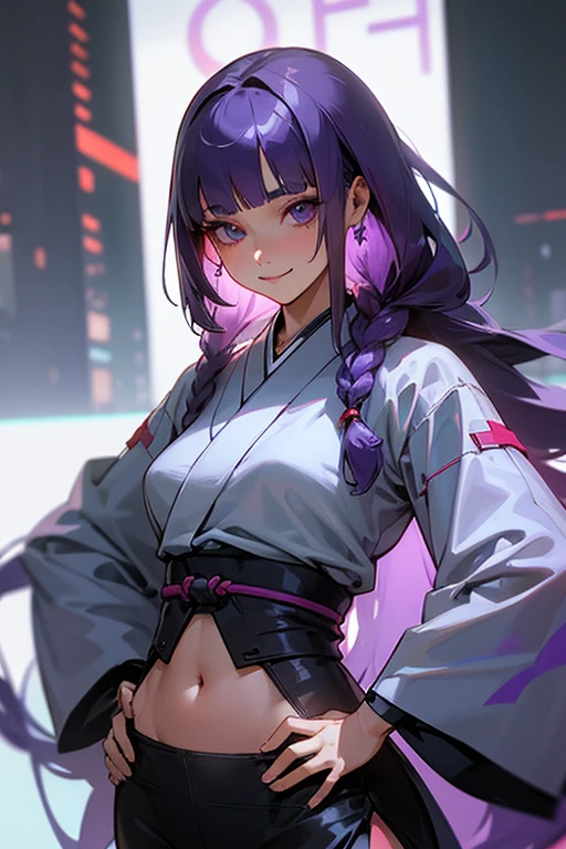 1 person, Blunt bangs, Braiding, Wide sleeves, hair ornaments,Obi says, (Purple Hair:1.2), Very long hair, Straight hair, Looking at the audience, Highly detailed background, (Realistic:1.2), Beautiful Eyes, Red eyeshadow, thigh, (Urzan-6500:0.7), Upper Body, (alone:1.2), (Cyberpunk City:1.1), Cleavage,,Glowing Skin、(Navel exposed).((Face close-up))、((smile))、(White lace outfit).((Surprised face))、((Daytime)).