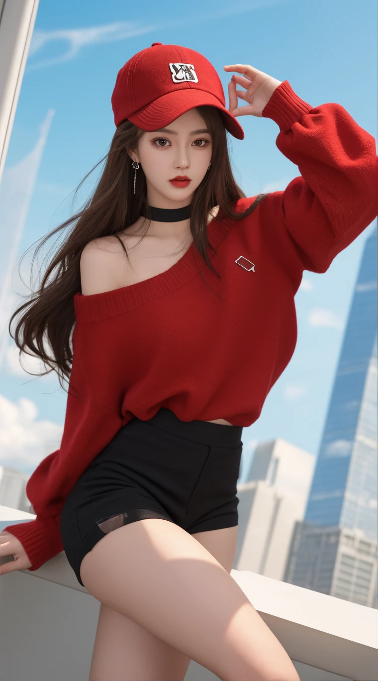 NSFW, 18 year old girl, skinny, dark red hair, wearing a white loose baggy sweater and black panties, NSFW, standing on the balcony, smoking a cigarette.