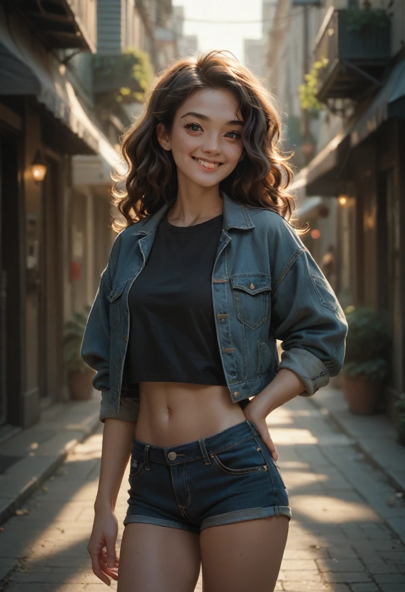 a woman with voluminous wavy hair, standing confidently and smiling, wearing a light denim jacket with rolled sleeves, a black crop top, and high-waisted denim shorts, soft lighting, casual style, 