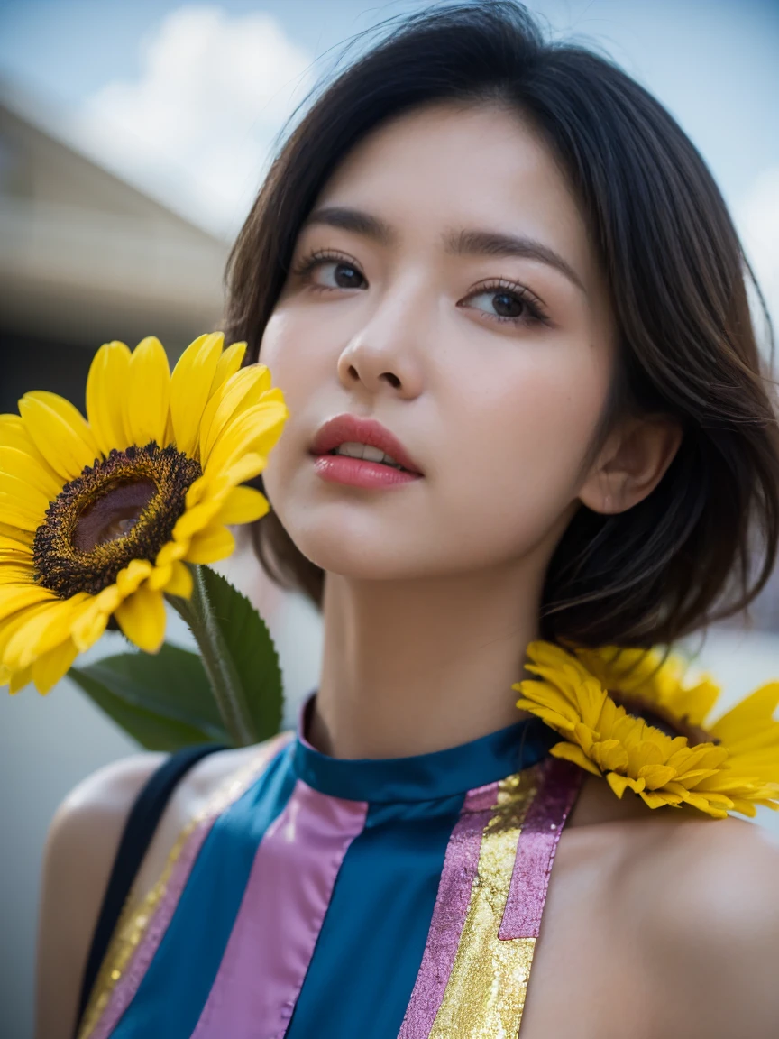 Highest image quality, outstanding details, ultra-high resolution, (realism: 1.4), ((close up:0.75)), highly condensed 1 Japanese lady, beautiful and a delicate face, smile, perfect proportion, (stand up straight, chubby:0.5, small breasts), (hairstyle short ponytail ), (cloths color base ratio white:0.7 other-color:0.1), (wearing White sleeveless beautiful dress, holding a sunflower ), captain, background green forest, (lightning cinematic lightning, Contour shines in backlight)