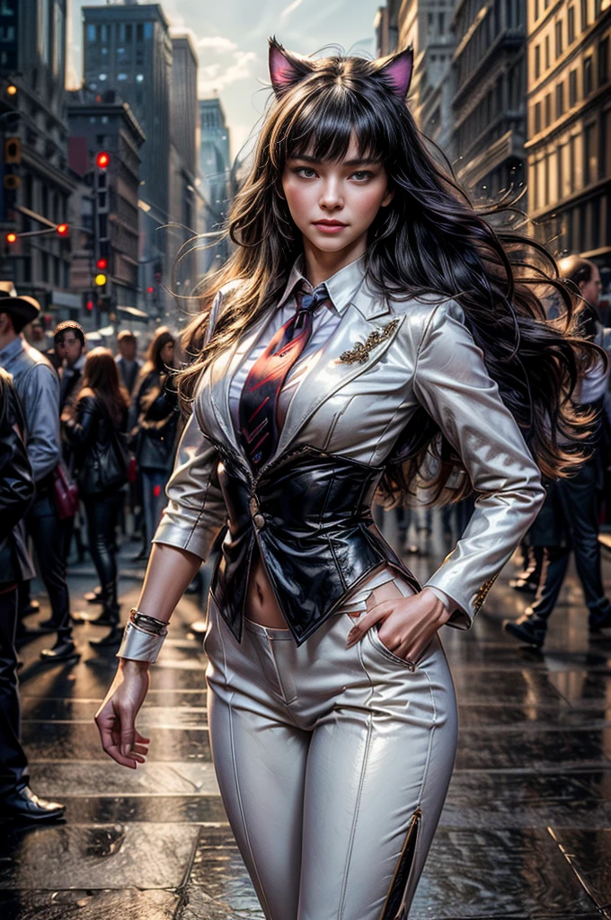 (masterpiece, best quality:1.2), cowboy shot, blake belladonna, cat ears, expressionless, closed mouth, long_hair,formal, white suit, red necktie, white pants, pointy footwear,  jewelry,  in city center, Manhattan, New York, crowds, (masterpiece,stunning girlfriend, (standing:1.1), dynamic pose, heart shaped face, elegant face, beautiful face, highly detailed face, highly detailed skin, skin pores, subsurface scattering, realistic pupils, looking at viewer, full lips, detailed background, depth of field, atmospheric perspective, volumetric lighting, sharp focus, absurdres, realistic proportions, good anatomy, (realistic, hyperrealistic:1.4), 16k hdr,