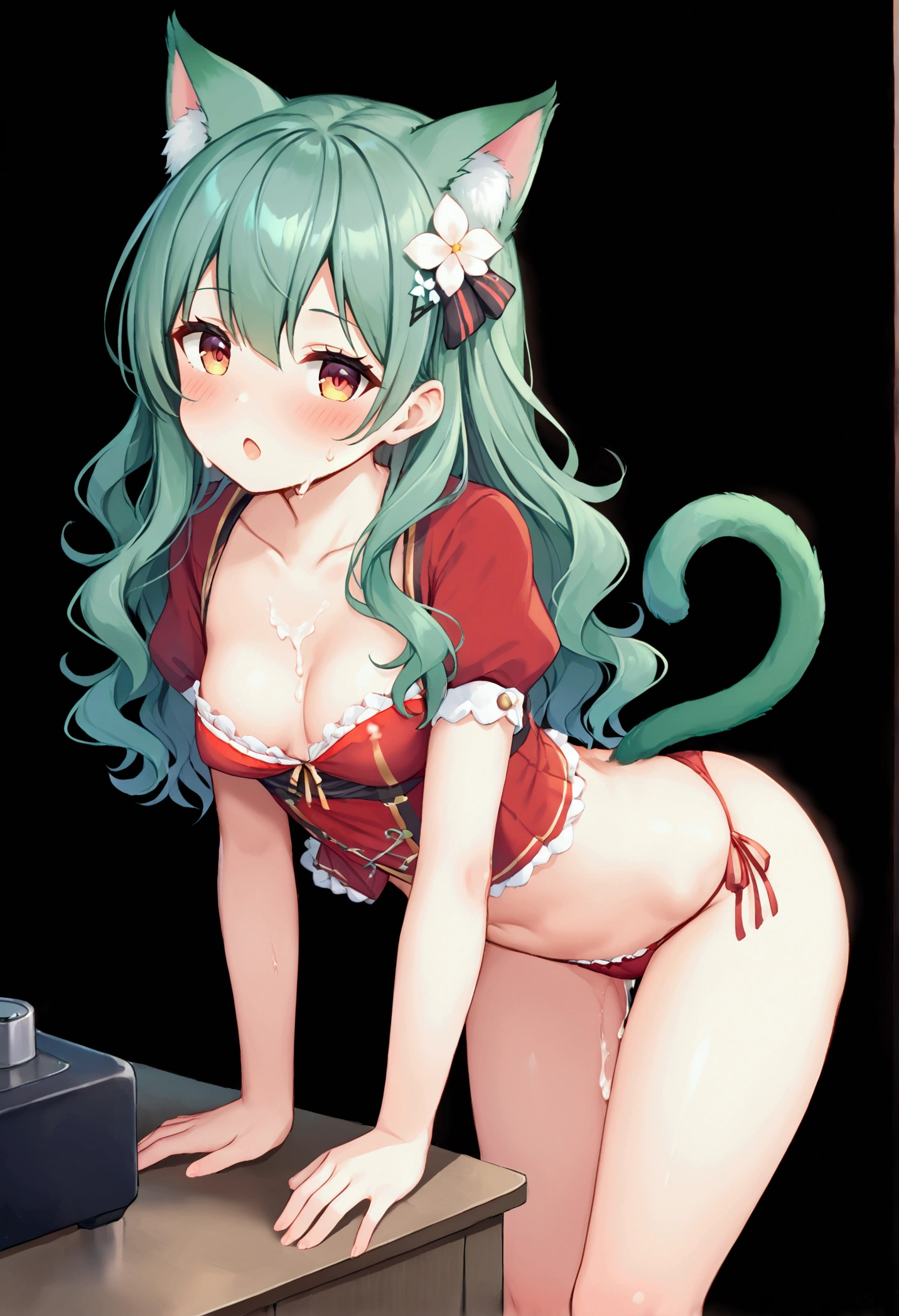 A small and cute cat girl, Akashi(Azur Lane)Sexually attractive, Green ears, Green Tail, Small, shiny, voluptuous breasts, Small breasts, Leaning forward in a cute pose, Wearing a red frilly kimono, Plenty of cleavage, Shiny green wavy hair, good curve, At the Laboratory, Cute and blushing, Cute and huggable, The presence of flowers in the hair, Peaceful atmosphere, The chest is emphasized, Sexually aroused expressions、Sweat profusely、String panties、Use a toy router、White liquid splashes on face、Open your mouth、White liquid dripping onto chest、Imagine your vagina being filled、Obsessed with playing with her genitals、Whole body image、Imagine spreading your legs、Focus on the crotch、Touch your belly with your fingers