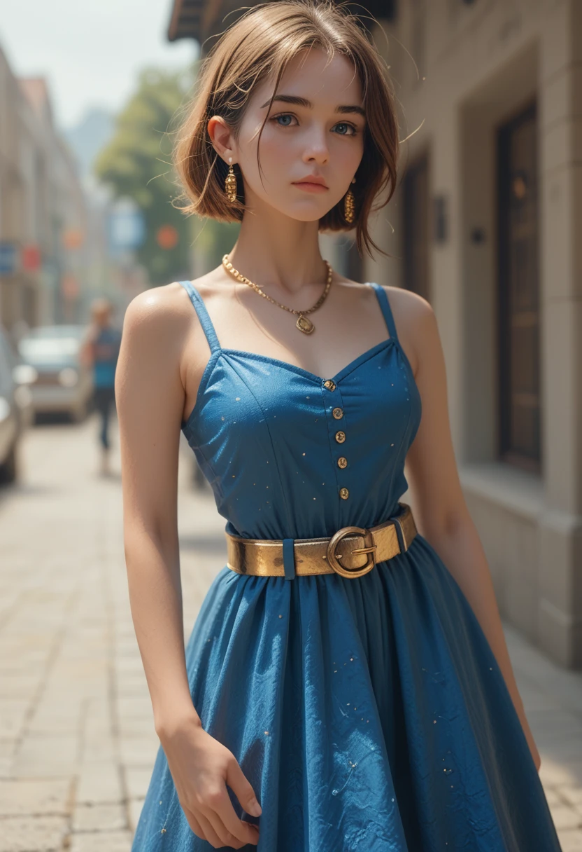 Alafecan in a blue dress with a gold belt and necklace, Character 3D rendering 8k, Trending on cgstation, Art Station&#39;s Cheng Wei Pun, Inspired by Run In, 8k art germany bokeh, High quality and detailed 8K graphics, deviantart artstation cgscosiety, cgsociety 8k, cgsociety 8k