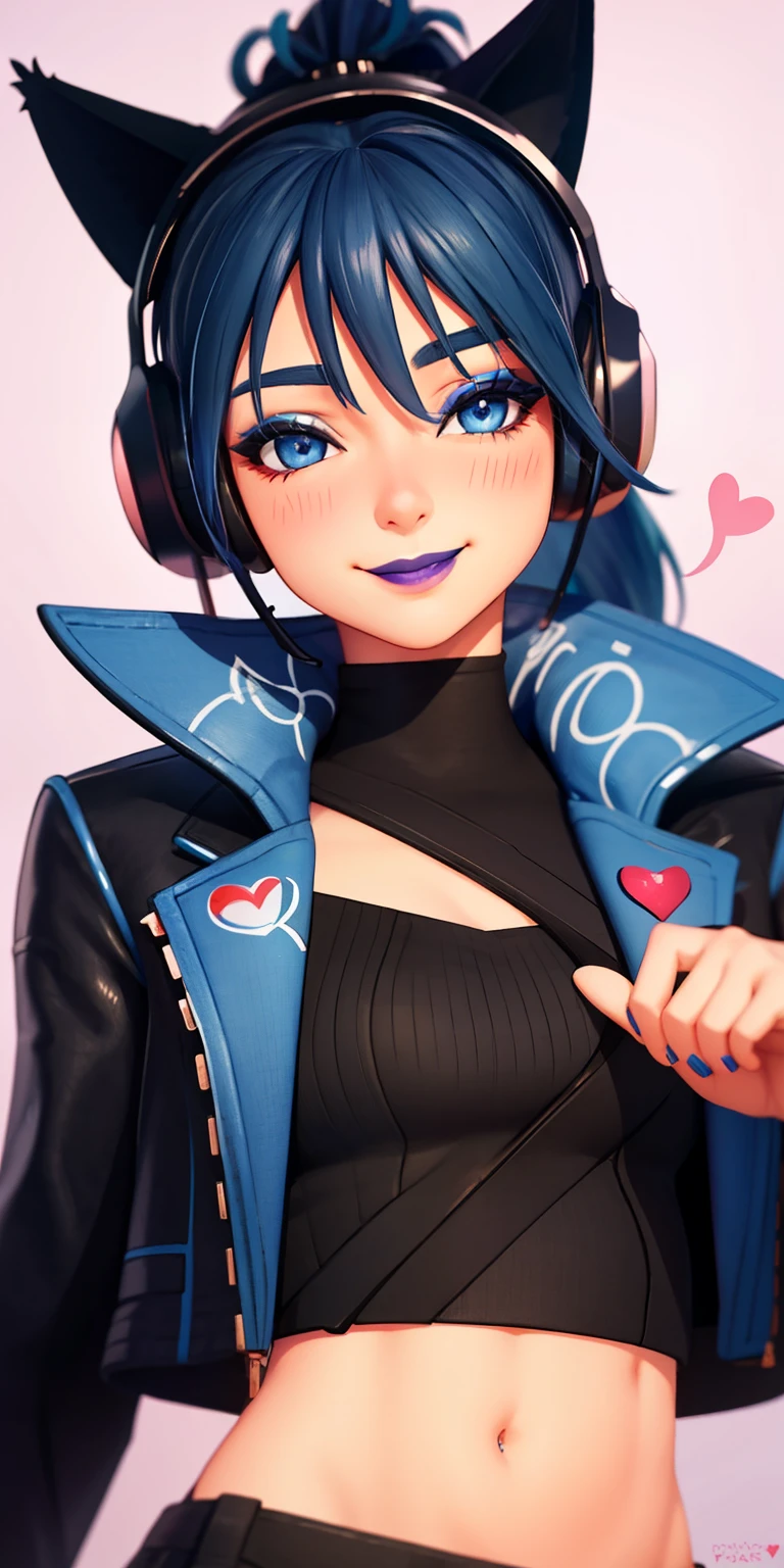 1girl,blue hair, ponytail, blue eyes, (eyeshadow1:1), (blush:1.1),upper body, heart,(speed lines:1.1), heart, black jacket, jacket crop top, navel cat ears headphones, black crop top, purple lips, smile, looking at viewer, facing viewer, wink, 