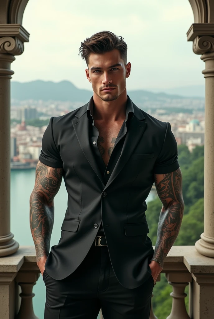 HD quality, high definition,male 18 years old handsome, muscular and slim, red lips, leaning against a wall outside the city, naked and wearing thong, model with bracelets, earrings and Necklace, wearing head band and sunglasses, open vest, full sexy body, side view, angry eyebrowse, 