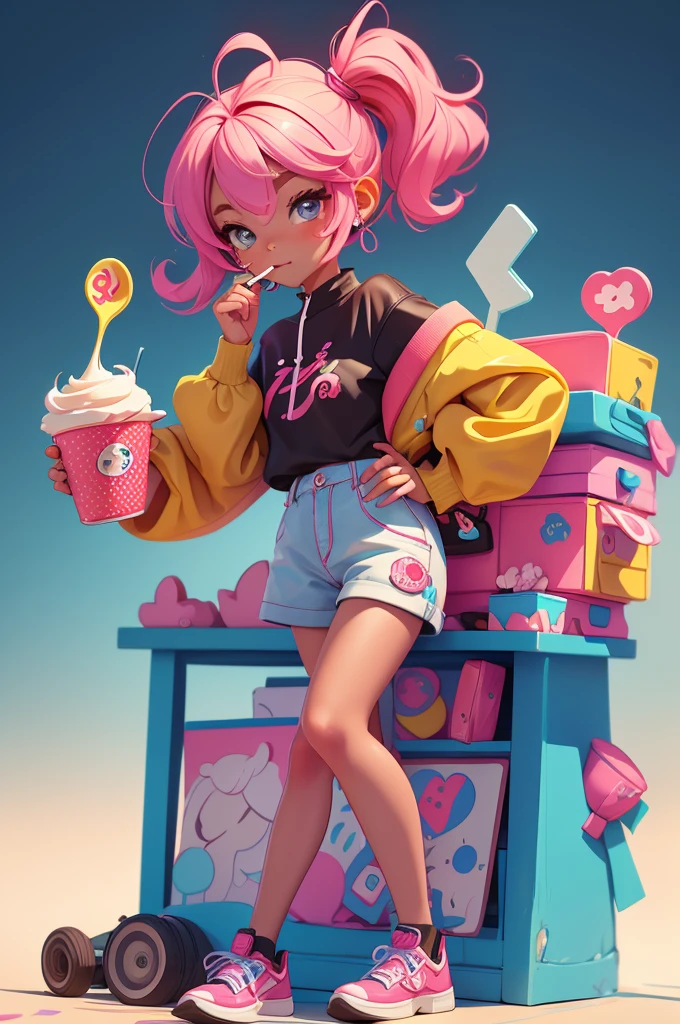 sailor chibi moon, pink twintail hair, hair ornament, pink eyes,chiffon cardigan, black shorts, socks, looking at viewer,smiling, kneeling, seiza, refrigerator, neon lighting, high quality, masterpiece, <lora:girllikerefrigerator:.8> <lora:sailormoonchibi-lora-nochekaiser:.7>