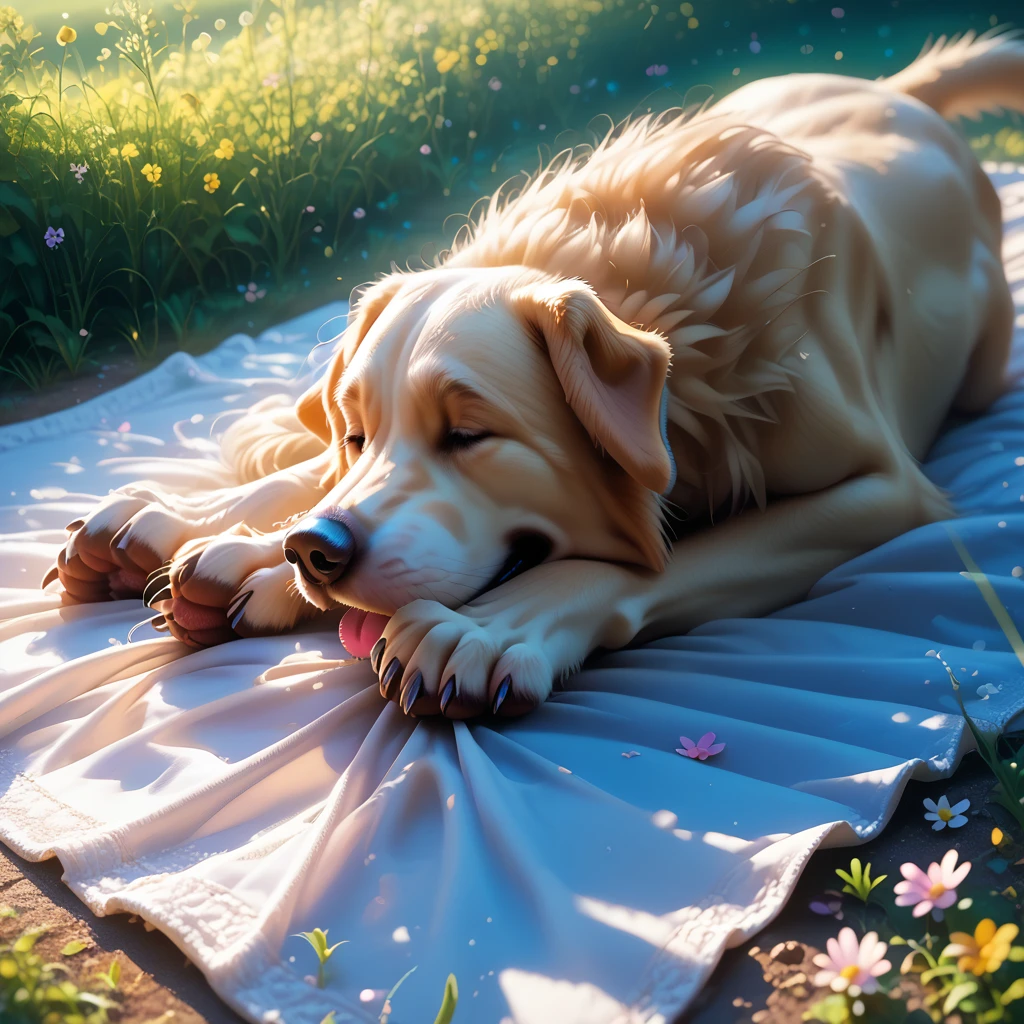 Wide shot of a man lying on the ground, eyes closed as if in peaceful sleep. His loyal dog, a medium-sized golden retriever with soft fur, rests beside him, looking calm and serene. The surroundings are grassy and quiet, symbolizing the end of a peaceful life. Neither the man nor the dog look at the camera.