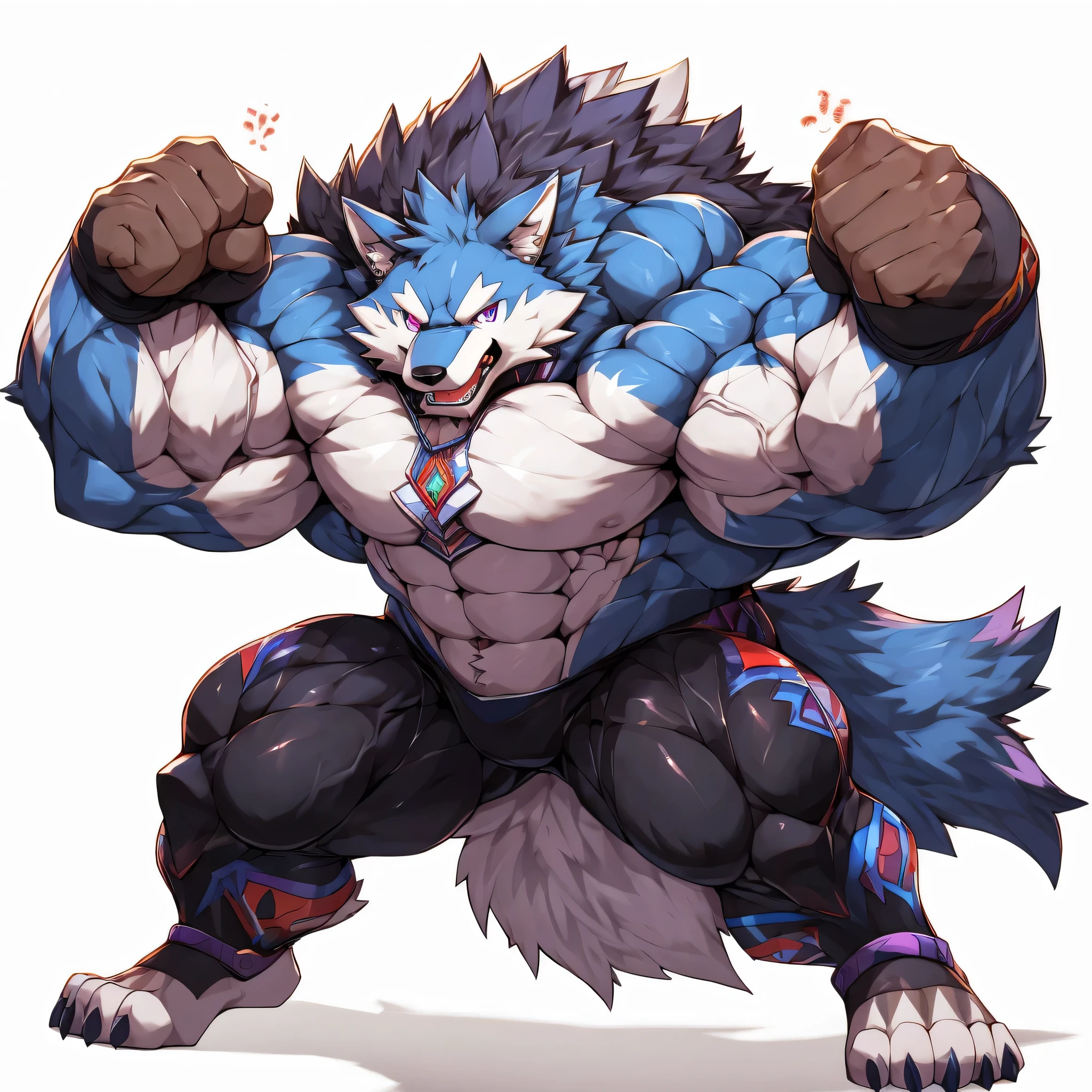 4k ultra quality, 4k full body view,masterpiece quality,BIG Giant Wolf,bulky heavy weight,abnormal muscle size, very big muscle, absurdly muscle size,wide pectoral,venis popping,thick legs,very big legs,furry legs, fluffy body,blue fur,purple eyes,wearing black wrestling tights,looking at viewer,angry face,open mouth,fighting pose,open wide legs,from bllow POV,full body standing,white background,anime yu-gi-oh!