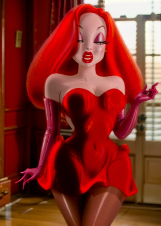 there is a woman with red hair sitting in a giant red ball, big tentacle sneak around, jessica rabbit, second life avatar, in a red dish, some tentacles are touching her, tentacles around, imvu, crimson themed, with a tentacle - shaped tongue, deviant art, 3 d cartoon, single tentacle, tentacle