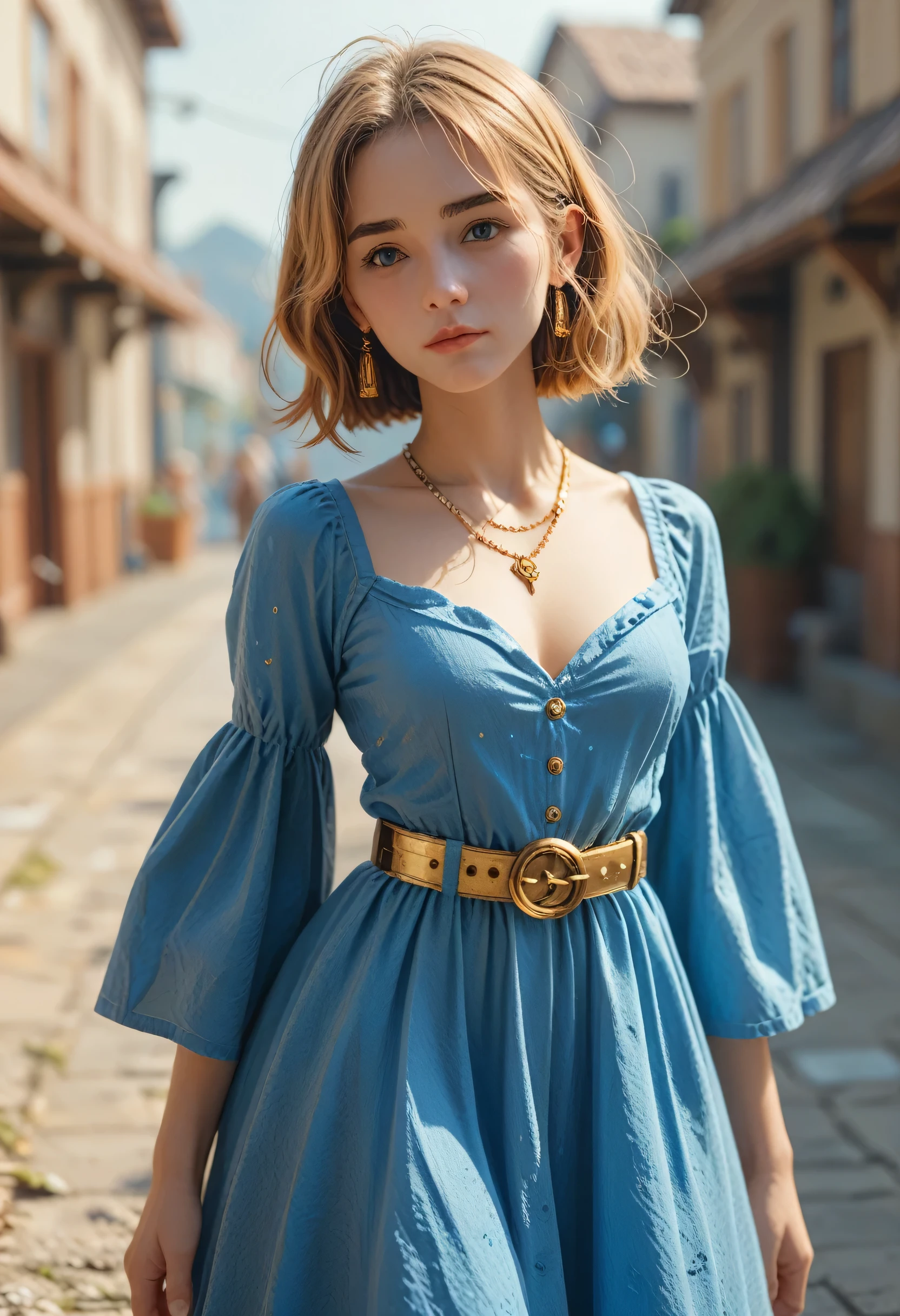 Alafecan in a blue dress with a gold belt and necklace, Character 3D rendering 8k, Trending on cgstation, Art Station's Cheng Wei Pun, Inspired by Run In, 8k art germany bokeh, High quality and detailed 8K graphics, deviantart artstation cgscosiety, cgsociety 8k, cgsociety 8k
