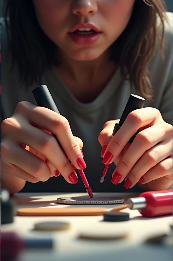 Create for me a black nail designer with a pink coat working on a client doing her nails 