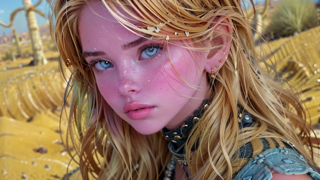 (Ultra-detailed eyes), (((textile shading))), (((Best Quality))), (((masutepiece))), (((Ultra-detailed CG))), sassy girl, punk princess girl, human corrupted, (((magical ***********))), (Petite), (tiny chest), blonde hair, blonde hair, blonde hair, ((fluffy hair, gorgeous hair)), Pink eyes, (((desert warrior style, desert warrior outfit, desert warrior costume, in desert kingdom, strong desert battle atmosphere, cowboy shot, midshot, centered image, eye on camera, front look, closer, closed clothing, lightning on face