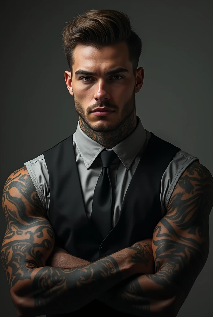 Create a guy in his 30s with Russian and Italian features, That his eyes be blue, medium light brown hair, height of 1.90s and muscular with tattoos on his left arm reaching to his fingers , A piercing on his lower lip on the right side. That he be dressed in stylish attire, where you can see the tattoos on his arm.