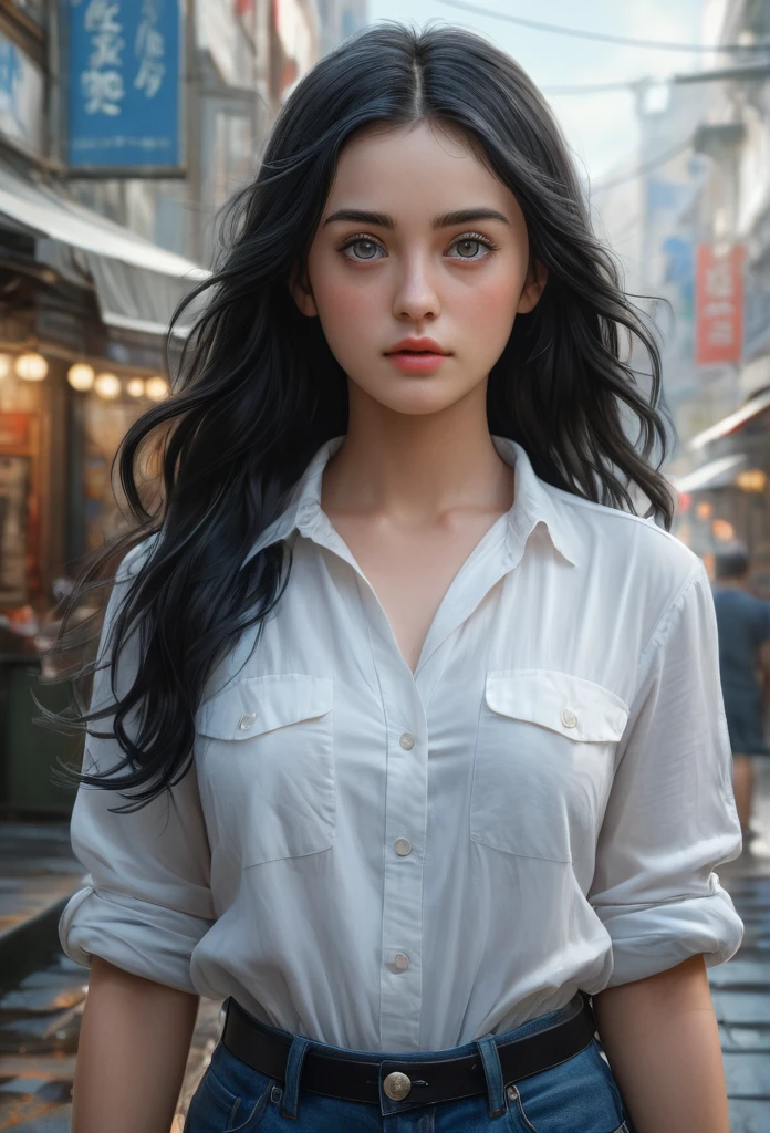 (masterpiece), (Best quality), (Best illustration), (Photorealistic Painting), (Official Art, Very detailed CG Unity 8k Wallpaper), (Very detailed), ((It's absurd)), medium shot, one girl, Put your hands in your pockets, stare at someone else, long black hair, heterochromia, 8K resolution, Very detailed, anatomically correct, digital painting, concept art, Clear resolution.