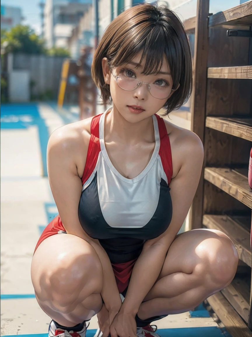 8k, RAW Photo Best Quality, masterpiece, Realistic, Realistic, (1 Ultimate Beauty), ((Cosplayer wearing a sleeveless volleyball uniform)),((Very large breasts))(Please make sure there is only one person in the photo)、(On the volleyball court)(Wear rimless glasses)((Imagine a squatting position..))((Legs wide open))Highly detailed face, (Perfect Teeth), fine grain, Double eyelids, eyelash, Lip details, (((Bob Hair Black), (((Very large breasts)))Big Breasts,(((Big Breastsを強調する)))(((Accentuate the crotch)))((Sexy pose))Cowboy Shot,  Soft Light, ((Detailed border)) 
Proceed with caution，((,Japanese women)), (((Medium, Small waist))), (((Realistic))(((Front View)))