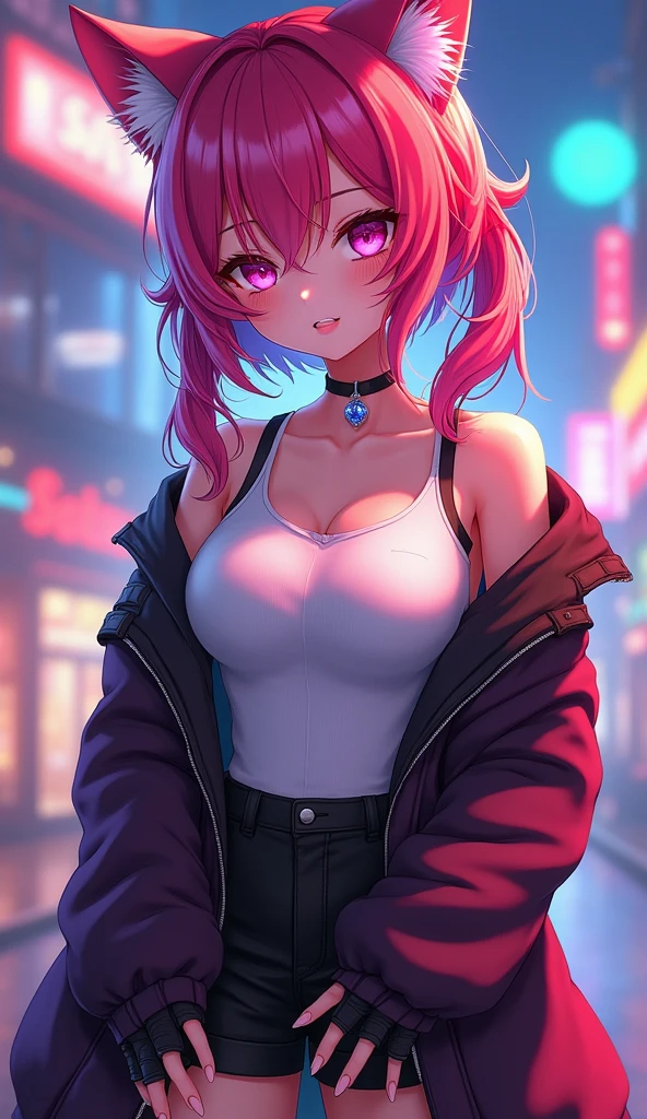 (8K, Raw photography, Top image quality, A masterpice: 1.4), ultra high def, (Realstic, photorealestic: 1.48), (night street), ((neon city)), super linda, detailed hands, one hand is with an open palm pointing towards the camera and the other is on the vagina, olhos detalhados e cristalizados, is in the middle of the street of a cyberpunk city, wearing dark blue pants, a very transparent white t-shirt making it possible to see your cleavage, she is super sexy and blushing, she is looking at the camera with a naughty expression, olhos cristalizados e detalhados, neon lights are being reflected on her, the city is full of neon lights and nightclubs, You can tell she&#39;s on a dirty street, the background is blurred giving focus only to her in the image, half-length photo very close to her face, she is sweating with lust, the street is wet, She has her pussy showing in her pants because she is not wearing panties, you can see the tip of her tits on the t-shirt, imagem ultra detalhada, As naughty as she is, she&#39;s smiling because she knows she&#39;s going to fuck, bunda marcada , ((luzes)), the neon is reflected by your clothes, ((nsfw))