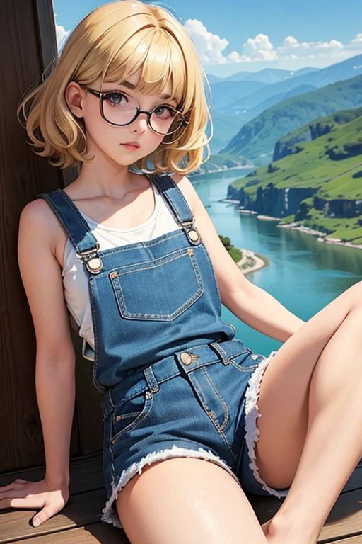 of the highest quality，masterpiece，of the highest quality，(pop art style),flat color，fun, honor student, 10 years，round glasses，short length，curly hair, blonde hair, romantic, blunt bangs，thick eyebrows，Girl in shorts and denim overalls、Tank top, Lying with a cute round-eyed cat. Chance，barefoot, Sitting and moving her legs on a mountain and a river below.....， distant mountains.sharp,An illustration：Don&#39;FINGERPRINT,