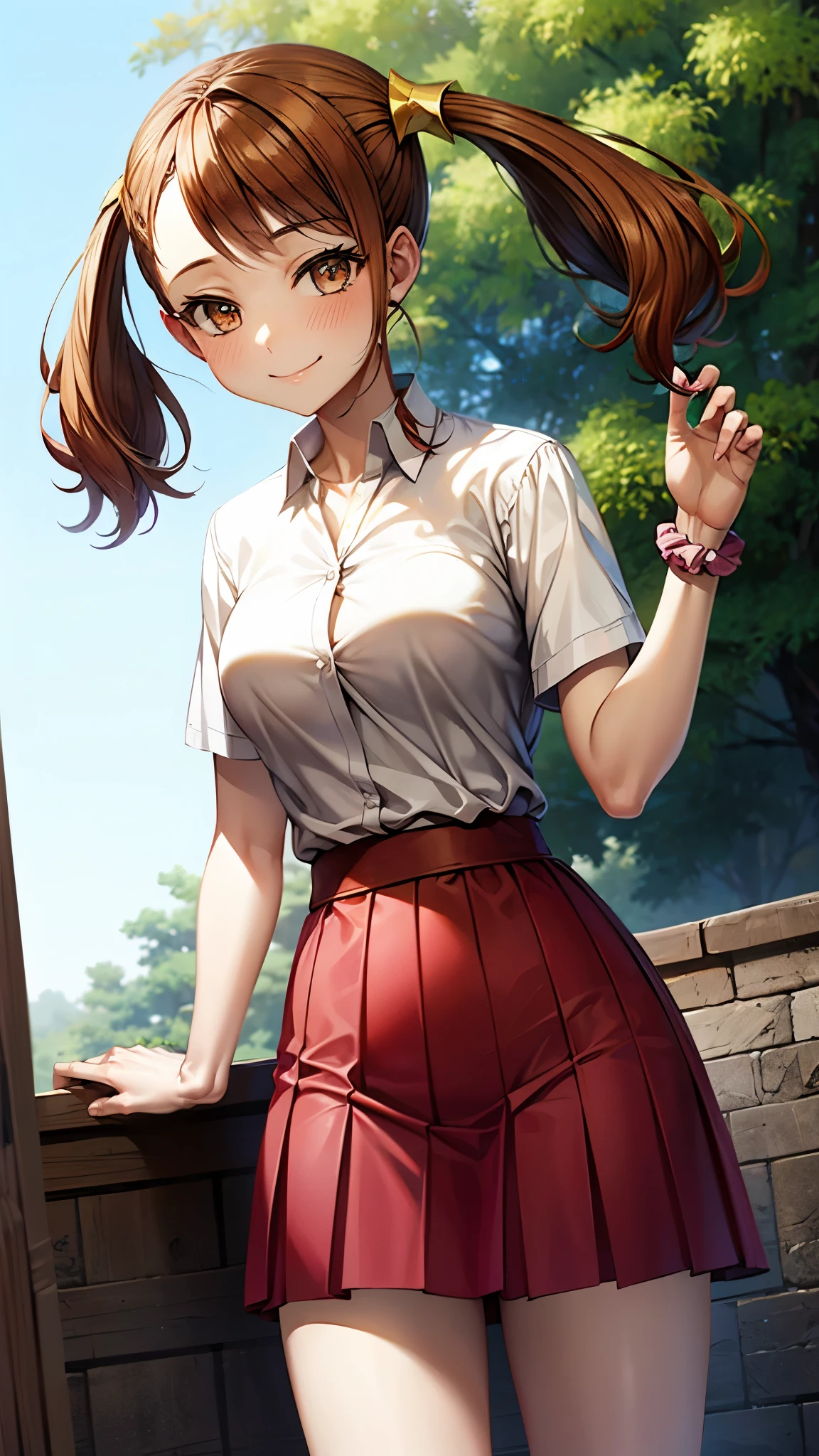 （（super high quality,））（（Ultra-high resolution,））（16k,）（super masterpiece,）（（Ultra HD ,））（Detailed shading,）One high school girl,Twin tails,White dress shirt,A pink scrunchie on one arm,Red Skirt,smile,Park in the morning sun,