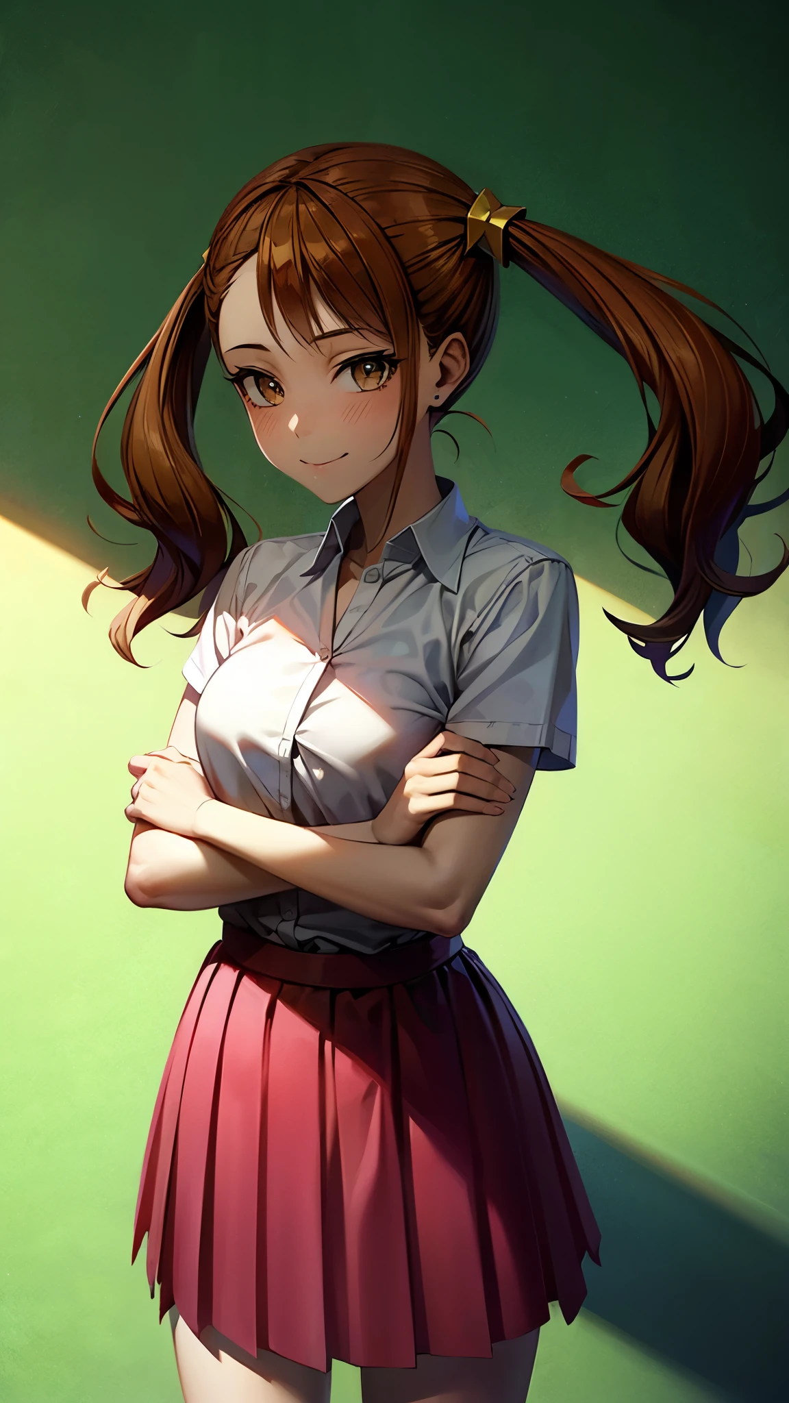 （（super high quality,））（（Ultra-high resolution,））（16k,）（super masterpiece,）（（Ultra HD ,））（Detailed shading,）One high school girl,Twin tails,White dress shirt,A pink scrunchie on one arm,Red Skirt,smile,Park in the morning sun,