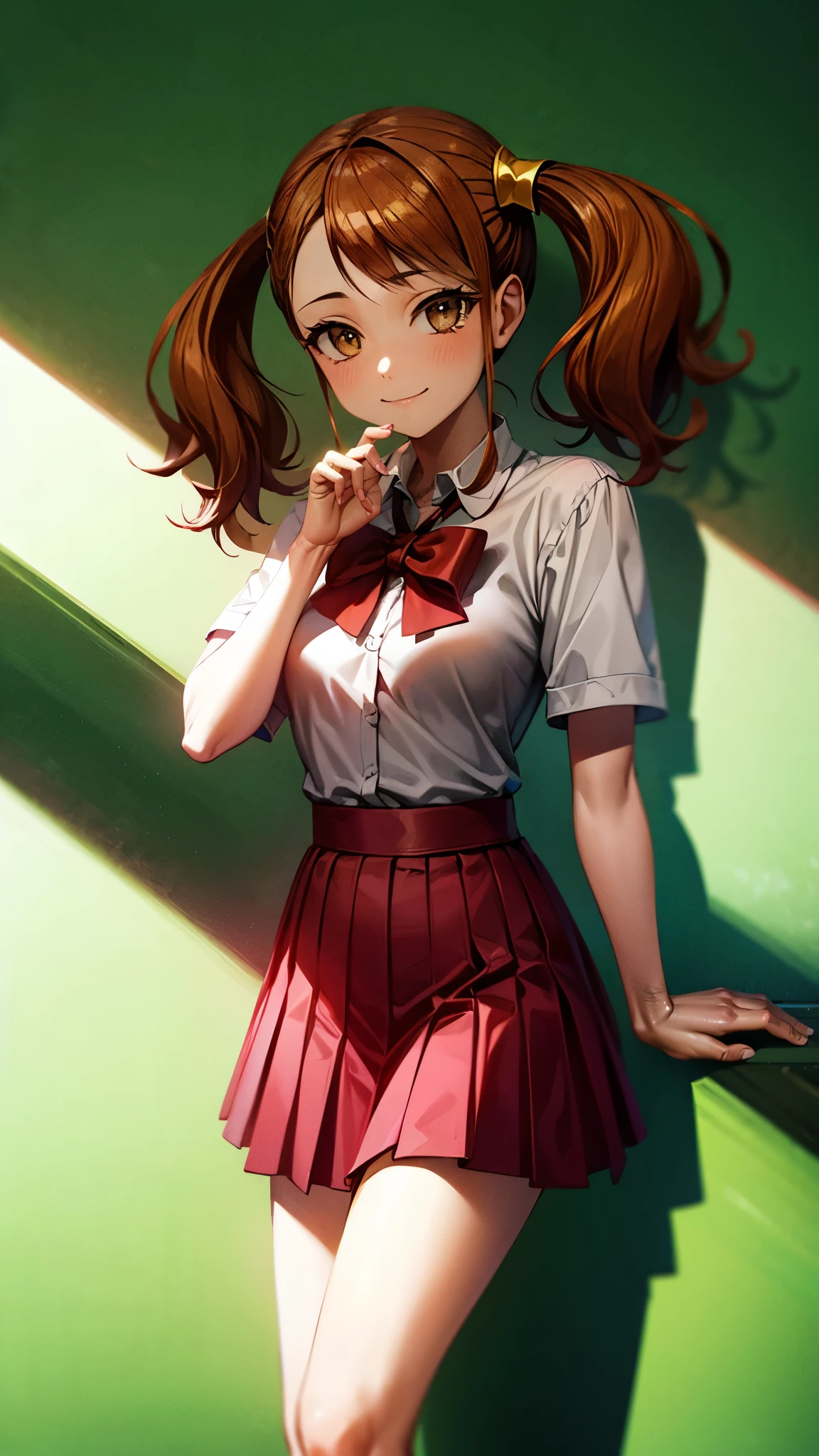 （（super high quality,））（（Ultra-high resolution,））（16k,）（super masterpiece,）（（Ultra HD ,））（Detailed shading,）One high school girl,Twin tails,White dress shirt,A pink scrunchie on one arm,Red Skirt,smile,Park in the morning sun,