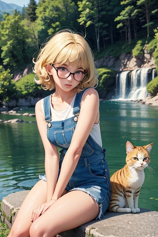 of the highest quality，masterpiece，of the highest quality，(pop art style),flat color，fun, honor student, ，round glasses，short length，curly hair, blonde hair, romantic, blunt bangs，thick eyebrows，Girl in shorts and denim overalls、Tank top, Lying with a cute round-eyed cat. Chance，barefoot, Sitting and moving her legs on a mountain and a river below.....， distant mountains.sharp,An illustration：Don&#39;FINGERPRINT,