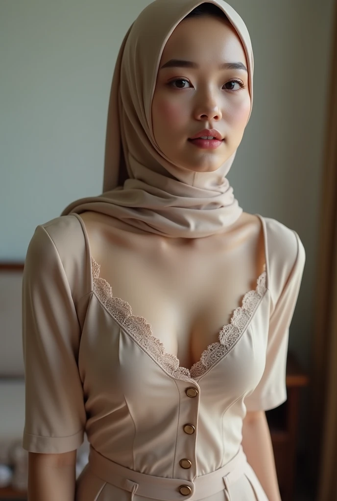 Malaysian Muslim women，Islamic headscarf，See-through shirt，Short skirt，photograph，reality，beauty，Looking at the camera，front，Sexy，Criester whole body，See the legs，HD pictures，Thin shirt,Positive sister，Unbutton，Chest，，Small leak，Cute face，nice，want to，On the bed，摸着Chest