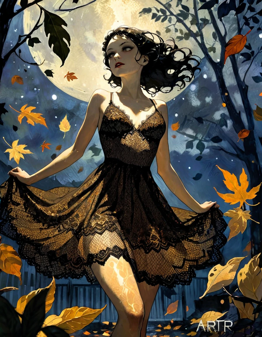 a girl dancing with a giant demonic man, lace dress, party atmosphere, night sky full of stars, magical glowing leaves, dynamic poses, fantasy, autumn leaves, dramatic lighting, eroticism, sexy, black and white image, between shadows, oil painting, chiaroscuro, sensual, dramatic lighting, moody atmosphere, photorealistic, intricate details, masterpiece, ultra-detailed, high quality, 8k, best quality, realistic, cinematic, dark and brooding, expressionistic, powerful composition, emotional impact, art inspired by Bill Sienkiewicz and Dave McKean
