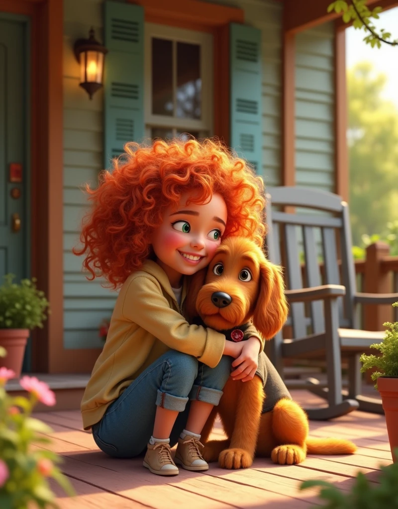 Layla Troft, 9 years old girl with curly red hair, simple pink gown, running with your dog in the street, scene brought to life with the magic of Pixar animation