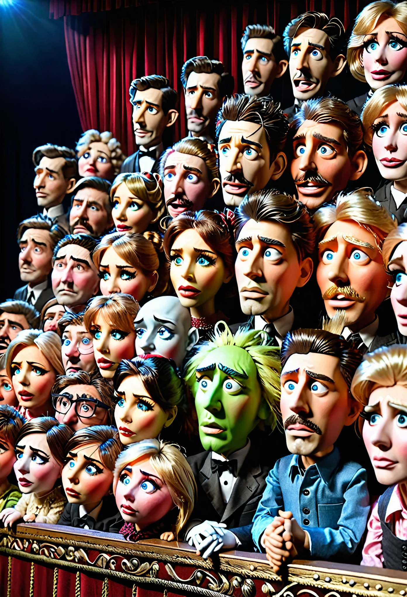 one person controlling 20 puppets at once, the puppets are lying with sad and terrified expressions, They are on a theater stage and have an audience curious about the ineffective show., super realistic, super quality, super detailed