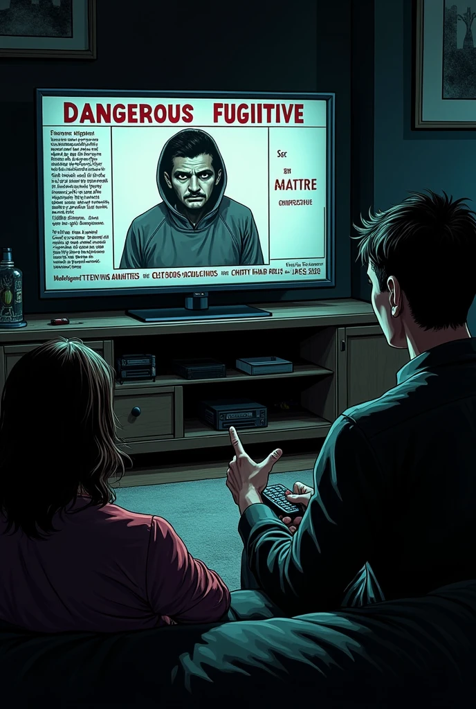 A dramatic realistic illustration of a man in close-up, tired face, deep dark circles, showing teeth, cabelo messdo, wrinkled clothes, in a sleeveless shirt, in the background a television with Netflix, a coffee table with beers, mess.