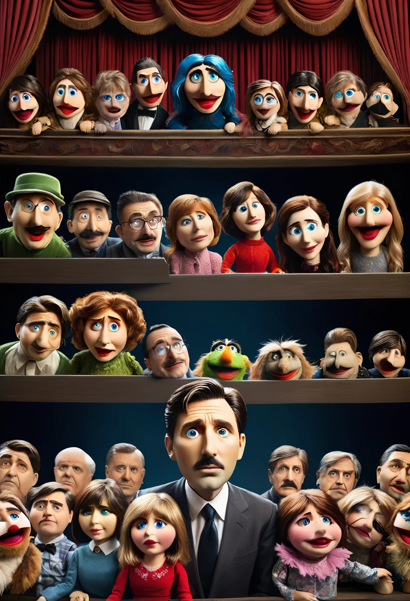 one person controlling 20 puppets at once, the puppets are lying with sad and terrified expressions, They are on a theater stage and have an audience curious about the ineffective show., super realistic, super quality, SUPER DETAILED