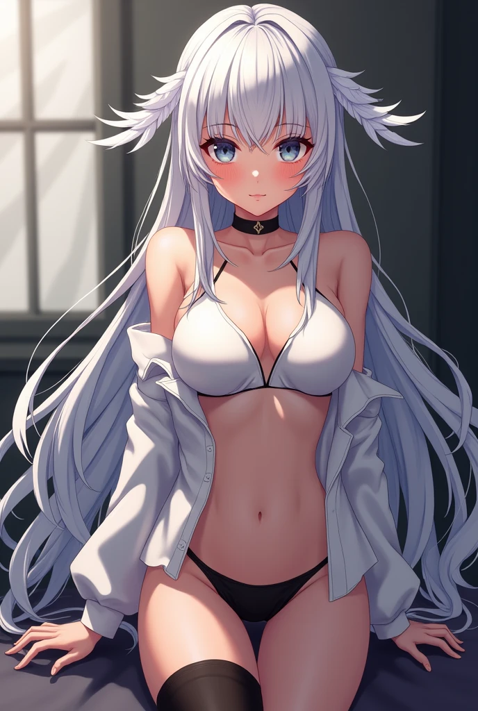 1 girl, long and fine white hair, rhombus stripe, light pink eyes, breasts big, perfect body slim curves, large lips, parted lips, shy, pastel aesthetic, sensuous, wearing plain white T-shirt, below the chest, wearing plain white shorts, dog white ears, White dog tail, white choker, sensuous, nsfw, club dj background, absurderes, high resolution, ultra-sharp, 8K, work of art